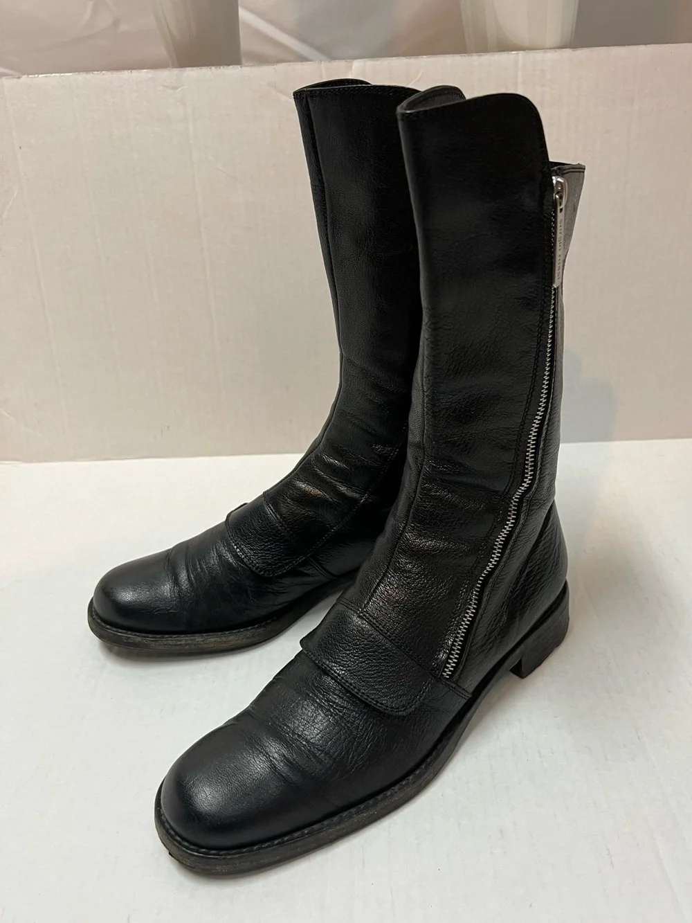 Sergio Rossi Women’s 37.5 (US 7.5) Black Leather Zip Moto Mid Calf Combat Boots - Picture 6 of 12